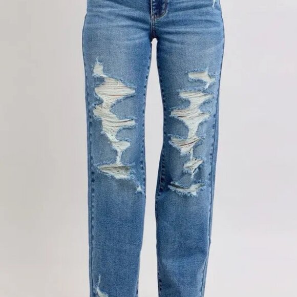 Hazel Blues® | Judy Blue High Waist Heavy Destroy Straight Jeans - Picture 1 of 12